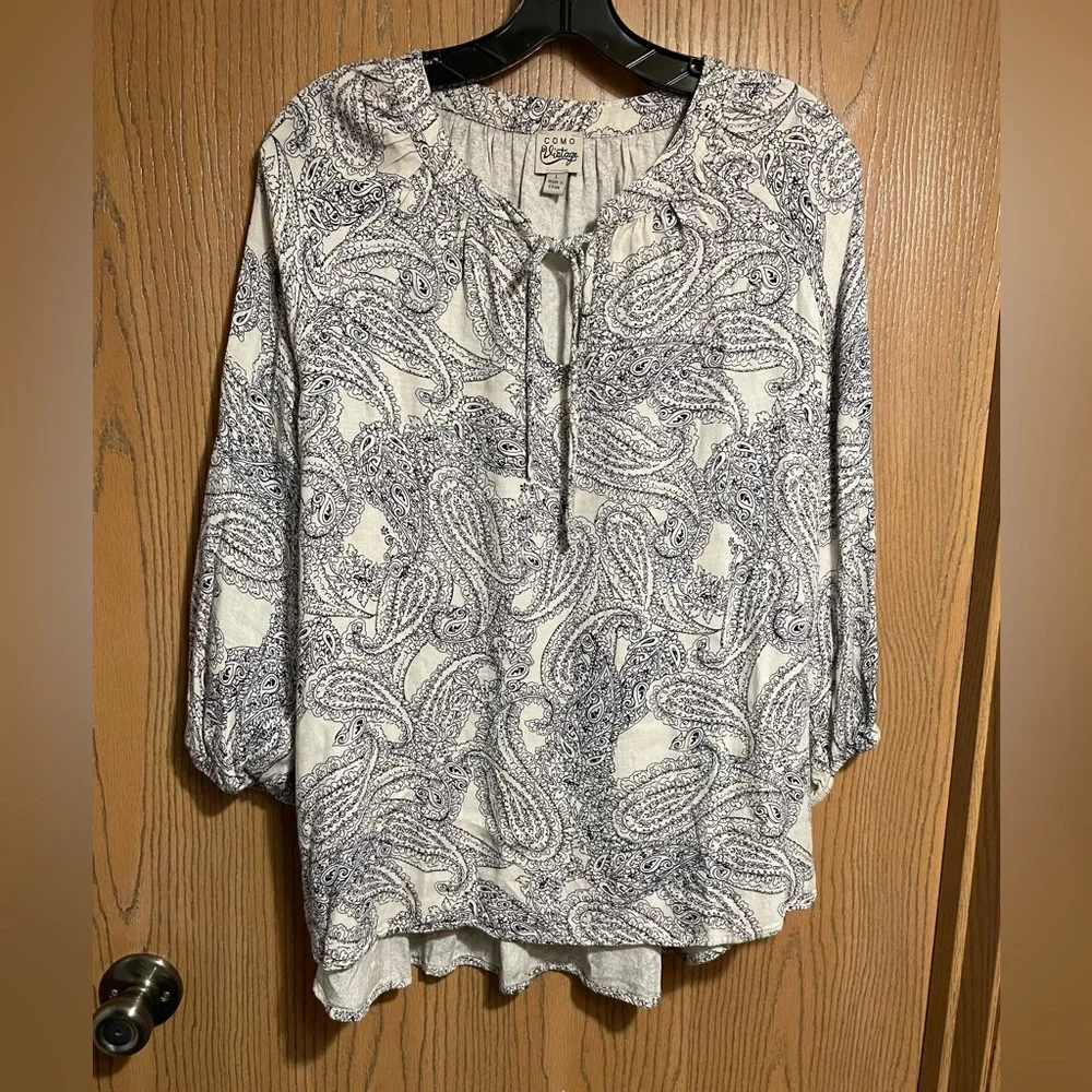 Paisley Print Blouse with Tie Neckline and Elastic at the Cuffs - Navy and Cream